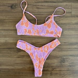 VOLAFA Triangl Bikini Smocked Textured Scoop Print Ruched Elastic Swimsuit
